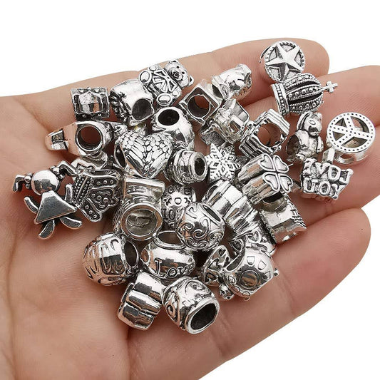 55pcs Assorted Alloy European Large Hole Beads Metal Spacer charms Bead Assortments for DIY crafts Bracelets Necklaces Jewelry Making