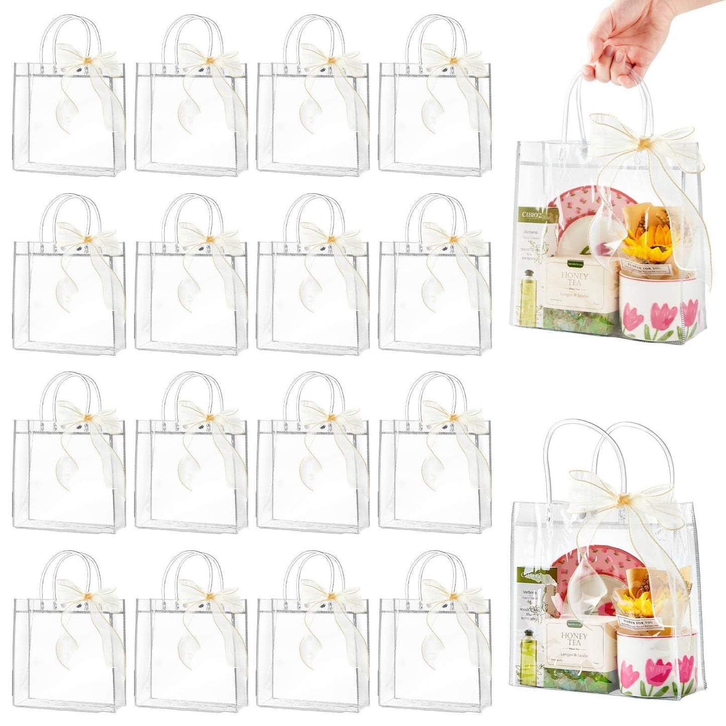 Ohuimrt 24 Pcs Clear Gift Bags with Handles, Reusable Plastic Gift Wrap Bags with Ribbon Transparent Party Favor Bags Bulk for Weddings Birthdays,